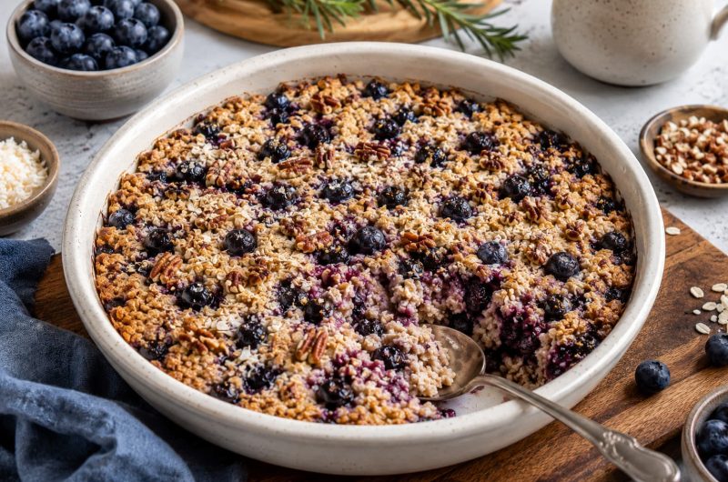 Baked Berry Coconut Oatmeal with Blueberries