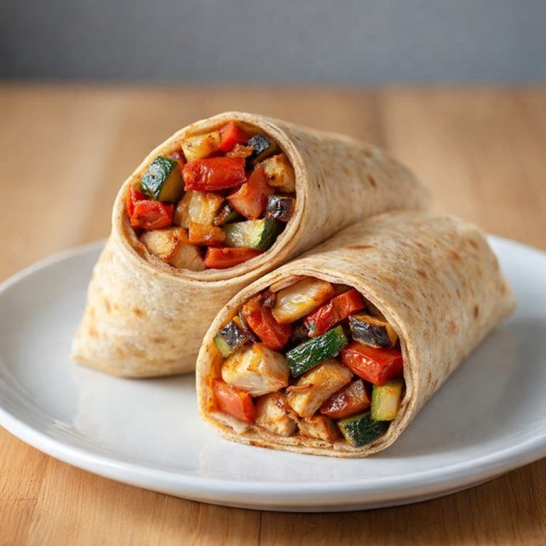 Whole wheat chicken wraps filled with roasted zucchini, red bell peppers, mushrooms, and onions, with lightly seasoned sliced chicken, cut in half and served on a white plate in natural light.