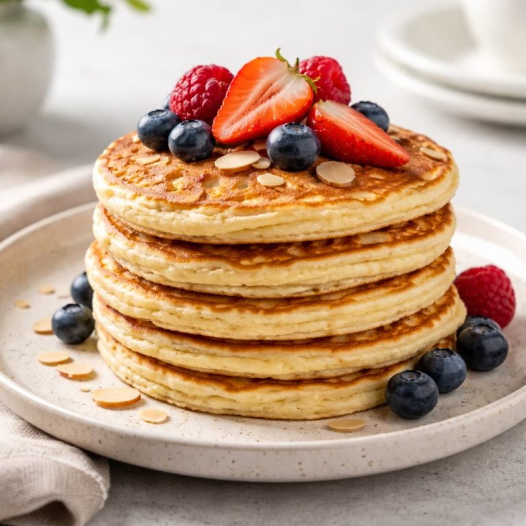 Cottage cheese almond pancakes stacked on a ceramic plate, topped with fresh strawberries, blueberries, and raspberries, with a light sprinkle of sliced almonds. The pancakes are golden and fluffy with a slightly rustic texture, served in soft natural light for a clean, healthy presentation suitable for a diabetes-friendly, high-protein breakfast.
