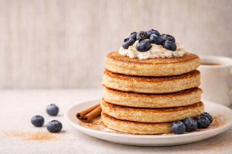Healthy Greek yogurt pancakes with blueberries and cinnamon, diabetes-friendly breakfast
