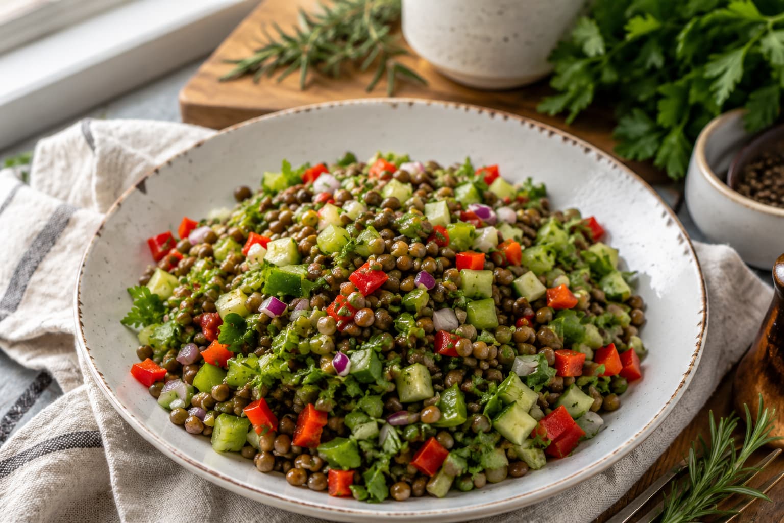 Healthy Lentil Salad with Feta and Vegetables (Easy Diabetes-Friendly Recipe)