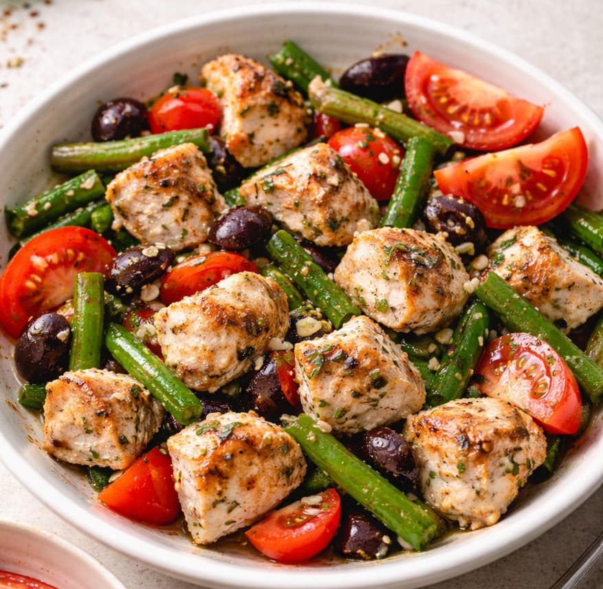 Mediterranean chicken salad with grilled chicken chunks, green beans, cherry tomatoes, and black olives, tossed in a light garlic and olive oil dressing in a white bowl.