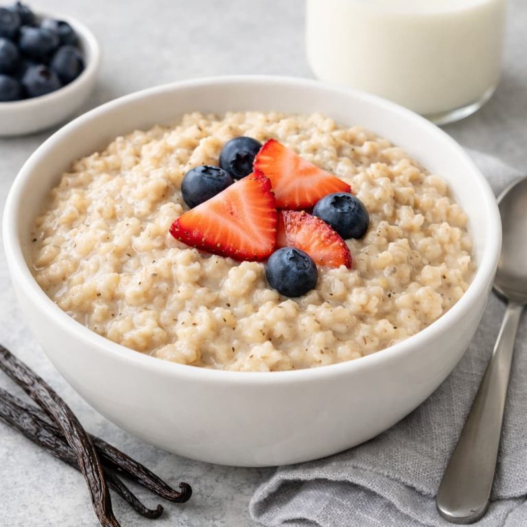 Creamy vanilla steel-cut oatmeal in a white bowl topped with fresh strawberries and blueberries, served with milk on the side.
