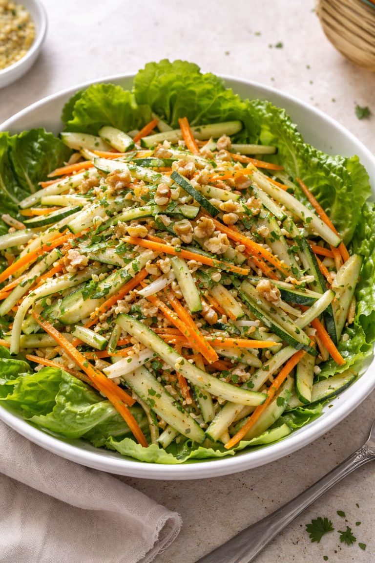 Fresh zucchini carrot and fennel salad with walnuts and Dijon dressing, served over romaine lettuce, a crisp low-carb diabetes-friendly side dish.